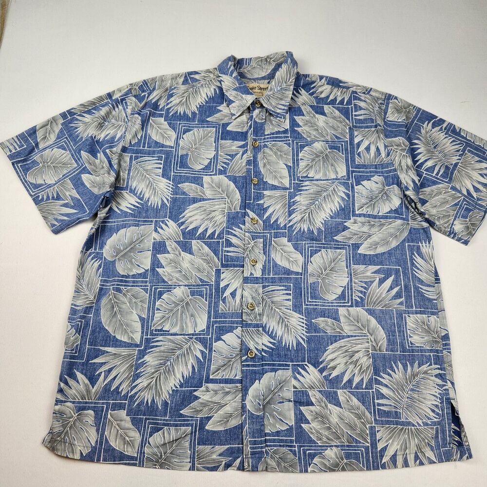 Cooke Street Hawaiian Button Up Shirt 100% Cotton XL Blue Monstera And Palm